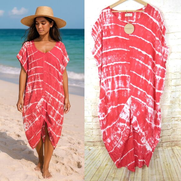 Cotton Ways Kaftan Caftan Womens One Size Red Tie Dye Rayon Dress NWT Boho Beach - Picture 1 of 14